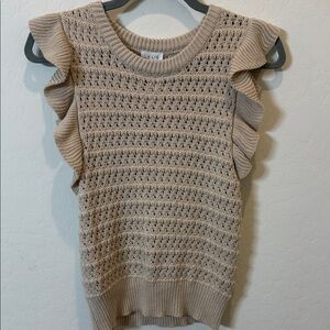 Le Lis Open-Knit Ruffle-Trim Sweater Tank in Beige